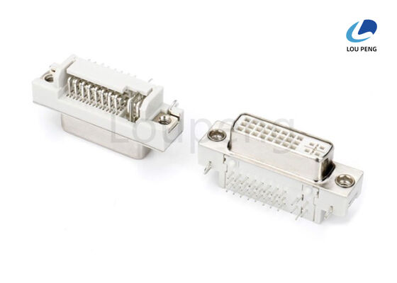 China DVI 24+5pin 90 degree female connector, semi-gold white glue, riveted metal harpoon, 1.30mm positioning post, 2.30mm tail end, screw fastening. supplier