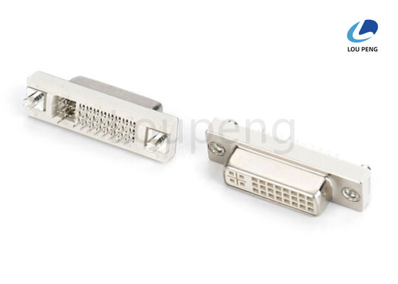 China DVI 24+5pin female connector, 180 degree, solderable PCB board, semi-gold white, riveted with 8.25mm rivets, 3.1mm tail end. supplier