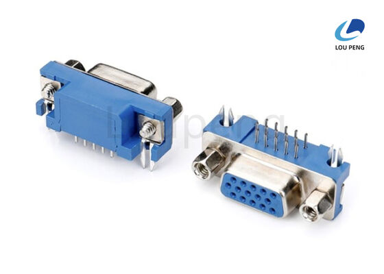 China D-SUB 15pin female connector, Machine PIN 3.08mm, half-gold, blue Insulator, riveted iron harpoon, locking 4.8X11.8 iron screws, 90º supplier