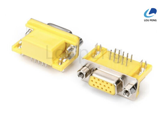 China D-SUB 15pin female connector, Machine PIN 8.89mm, Right angle, half-gold, yellow Insulator, riveted iron harpoon, locking 4.8X11.8 iron screws. supplier