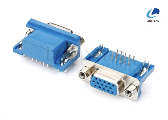 China D-SUB 15pin female connector, Machine PIN 8.89mm, Right angle, half-gold, Blue Insulator, riveted iron harpoon, locking 4.8X11.8 iron screws. supplier