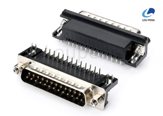 25PIN Male D-SUB Connector 8.08mm half gold, black vinyl, fork lock, 90 degree supplier