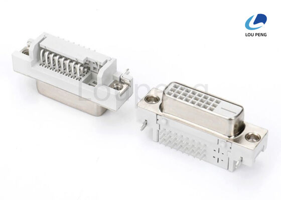 24+1pin 90 degree DVI connector, female, semi-gold white glue, riveted harpoon, 1.30mm positioning post, 2.30mm tail end, riveted. supplier