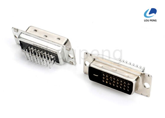DVI 24+1pin male connector, PCB board connector, 90 degrees, with positioning post, riveted 4-40 harpoon, half gold white and black LCP tail end 2.7mm riveted. supplier