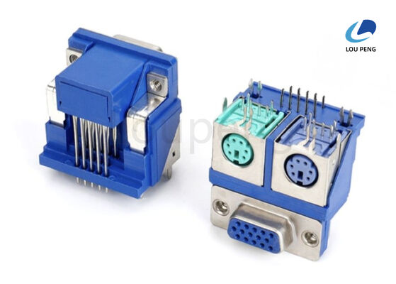D-SUB 15pin + Two MINI DIN purple and green, female connector, Machine PIN, Right angle, Blue Insulator supplier